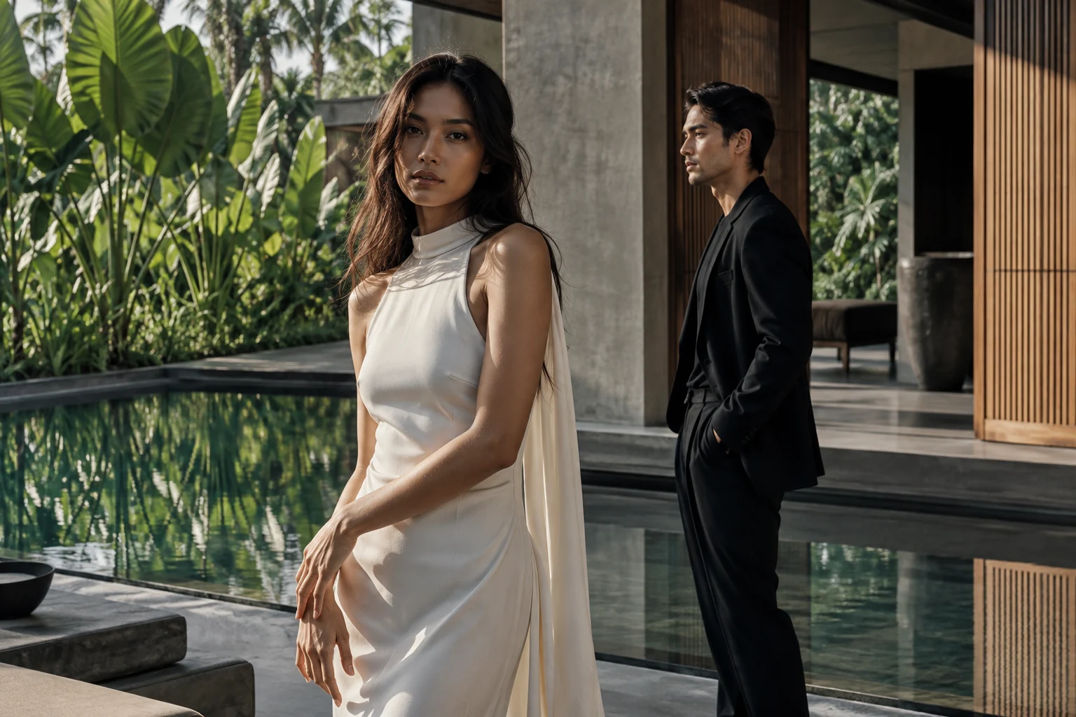 A contemporary Thai villa editorial with limestone, water and tropical shadow.