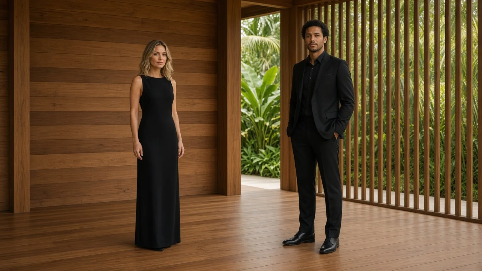 An adult woman in a black column dress and a man in a black suit in a contemporary teak villa.